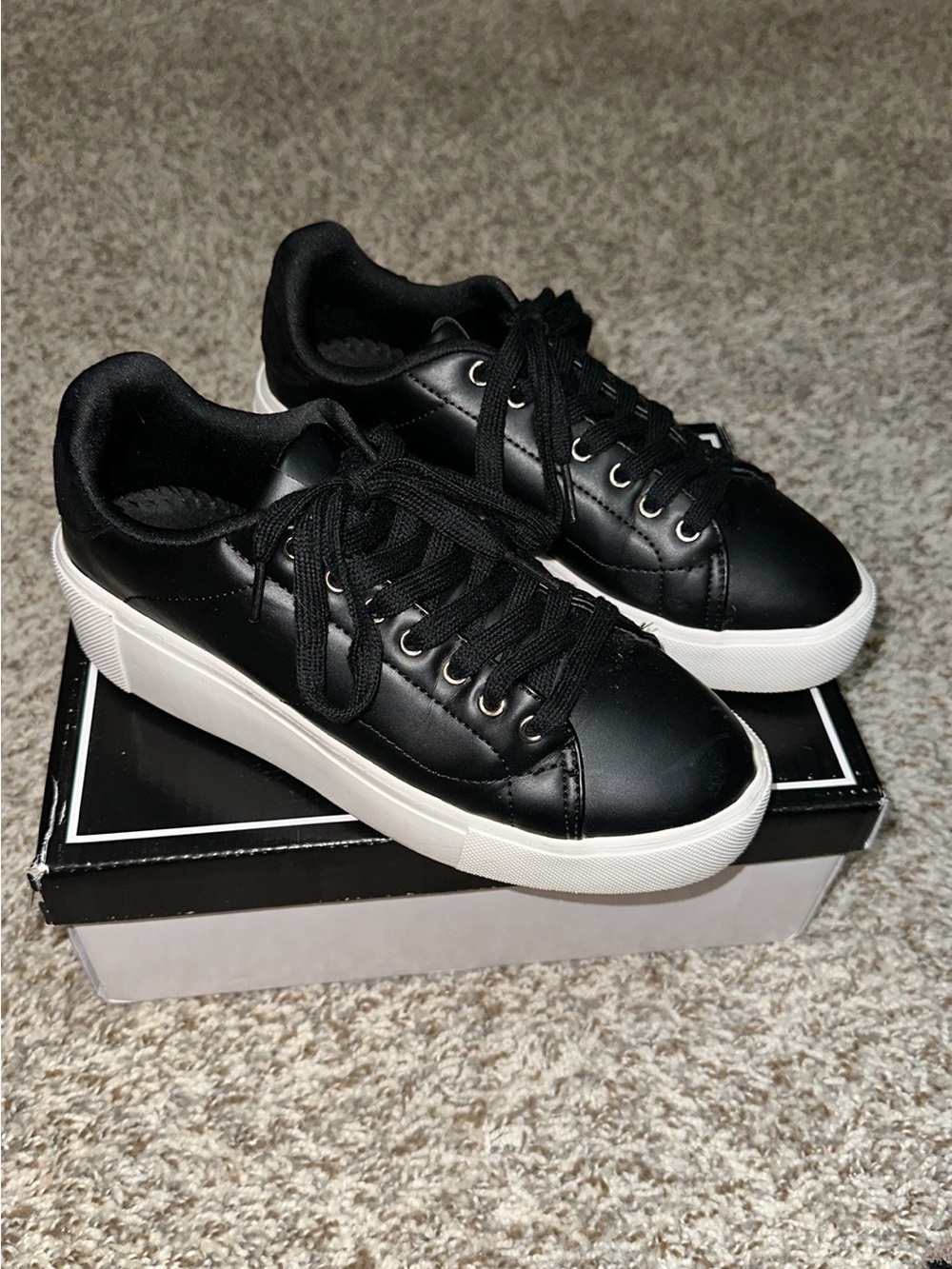 Qupid Black Lace-Up Platform Sneakers with White Sole